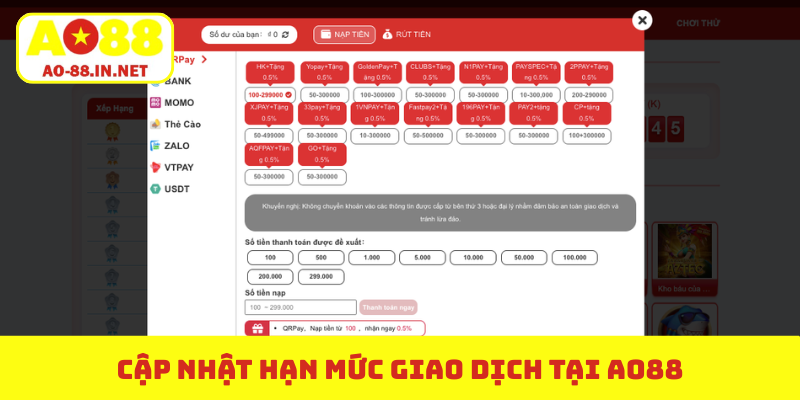 Cập nhật hạn mức giao dịch tại AO88